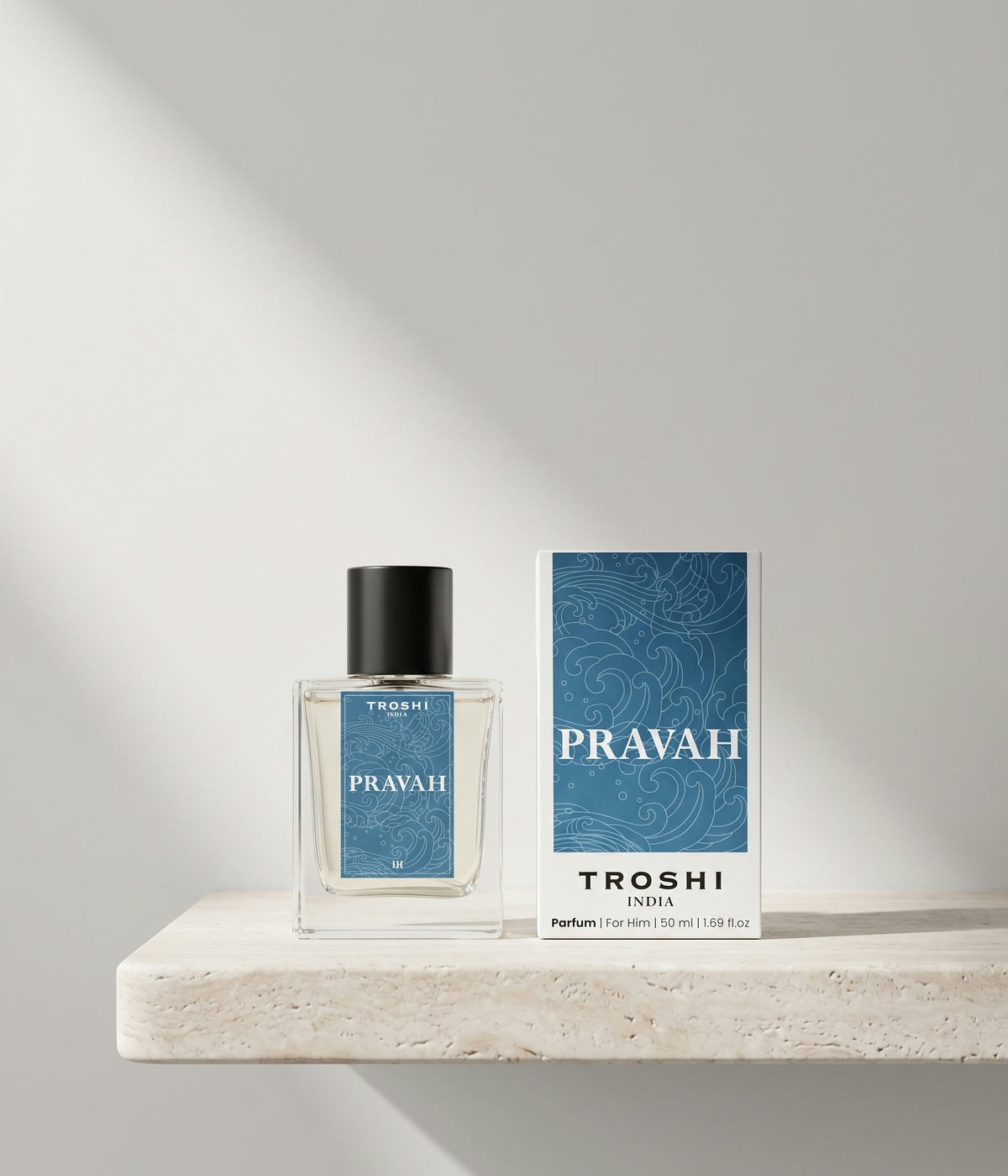 Pravah bottle and box on a stone shelf